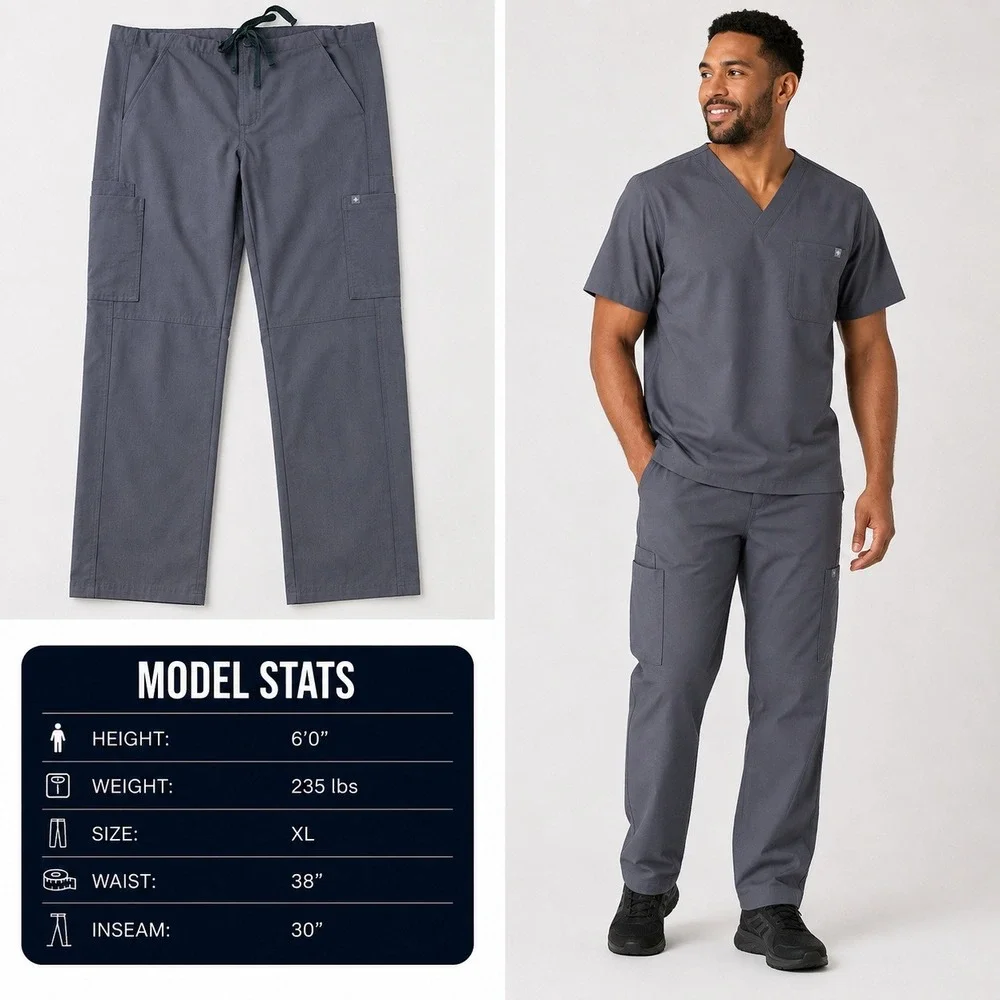 FIGS Technical Collection Mens XL Scrub Pants Gray Cargo Drawstring Straight Leg